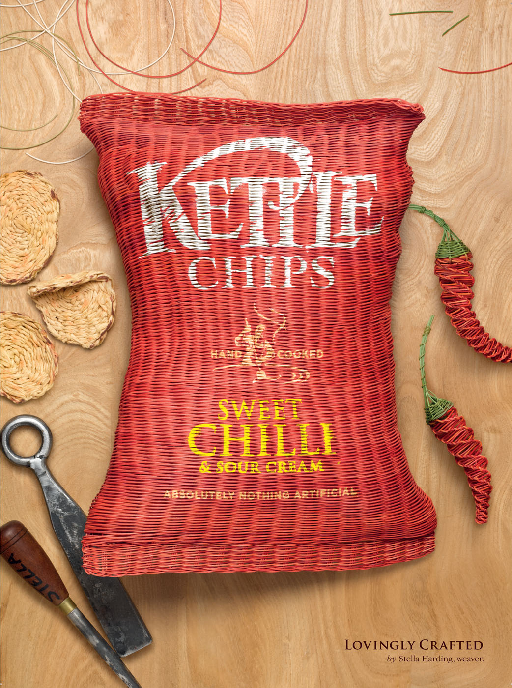 Wicker Kettle Chips packet in workshop by Alexander Kent London based still life and product photographer.