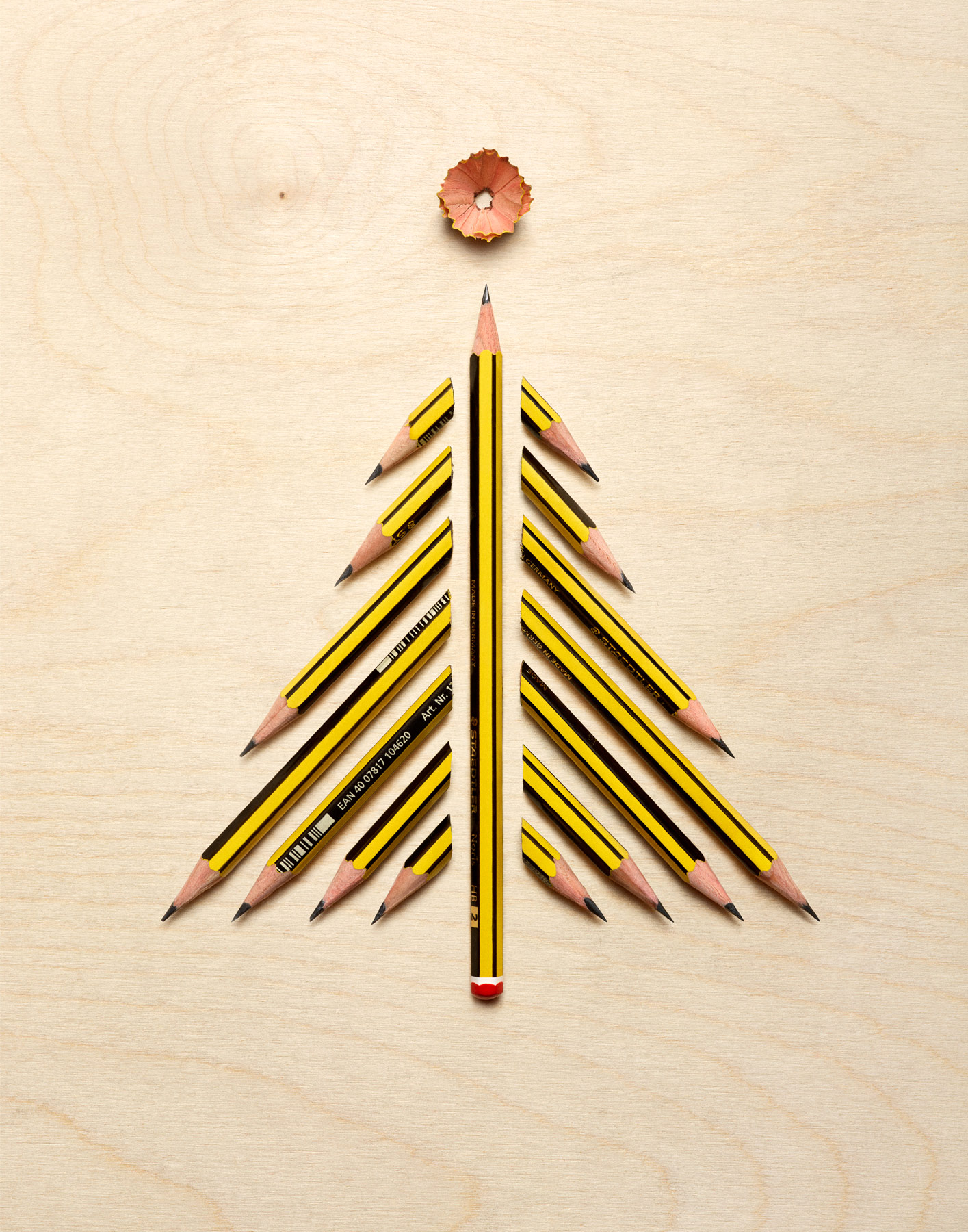 Staedtler pencils arranged like christmas tree by Alexander Kent London based still life and product photographer.