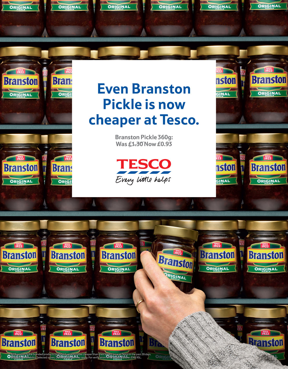 Branston pickle stacked on massive shelf in Tesco by Alexander Kent London based still life and product photographer.