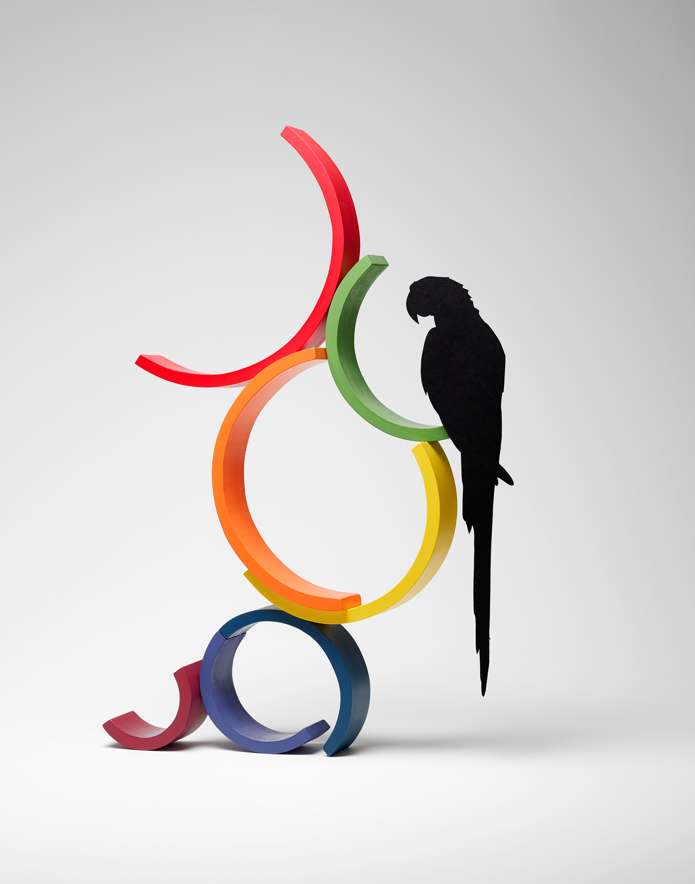 Macaw bird perching on coloured shapes by Alexander Kent London based still life and product photographer.