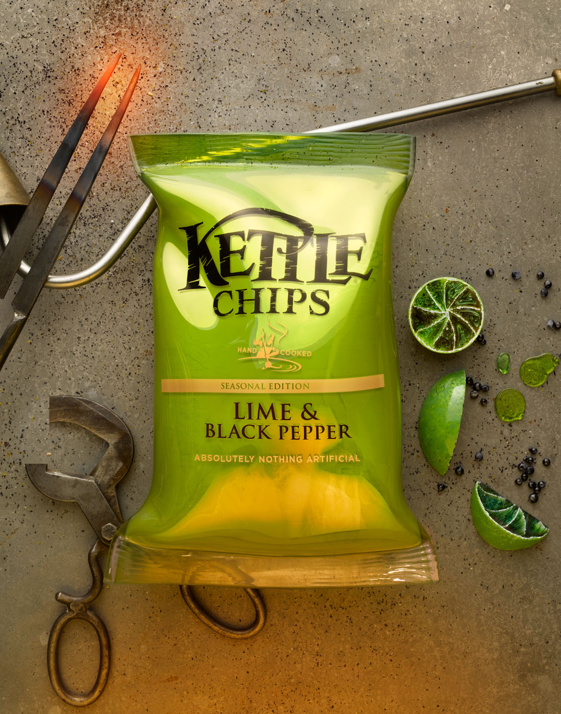 Glass Kettle chips crisp packet in workshop by Alexander Kent London based still life and product photographer.